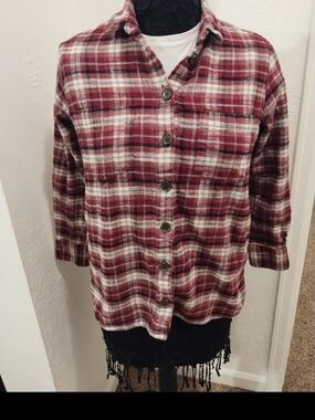 Plaid Button-Up Shirt in Burgundy and Ivory